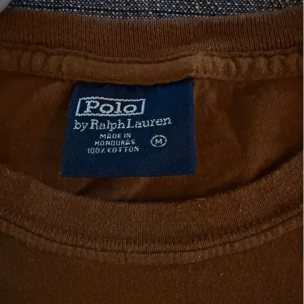 Polo Ralph Lauren Med Brown TShirt Blue Pony Logo Vintage Distressed 21.5” PTP